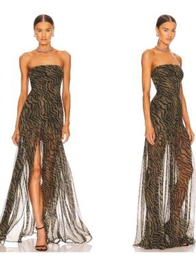 NWT RETROFETE Nicole Silk Strapless Maxi Dress in Tiger Stripe Size X-Small